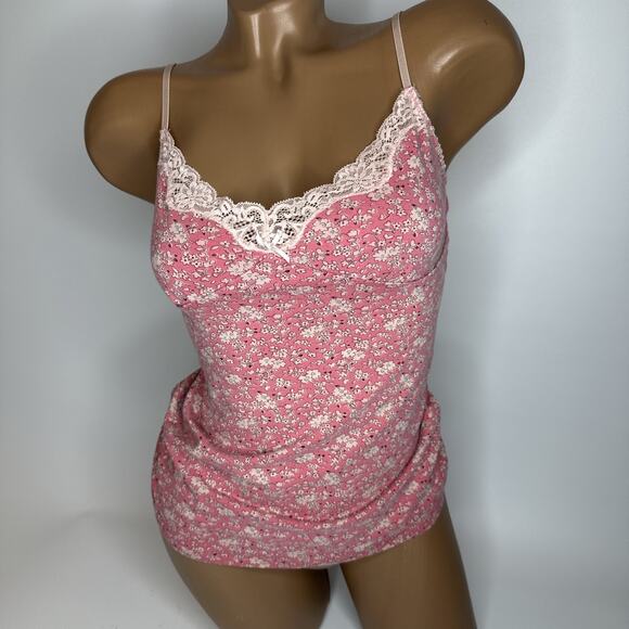 Uniqlo Pink Ditsy Floral Lace Trim Cami Tank Top Coquette Retro Y2K Bow Small - Picture 10 of 10